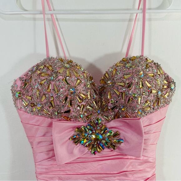 Tony Bowls Barbie Pink Beaded Jewel Sweetheart Pleated Mini Dress 0 Formal Prom - Picture 3 of 10